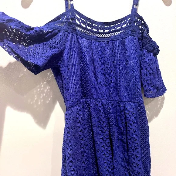 New Boho Navy Blue Floral Lace Cold Shoulder Dress Spring Summer Cute Vacation - Picture 2 of 12
